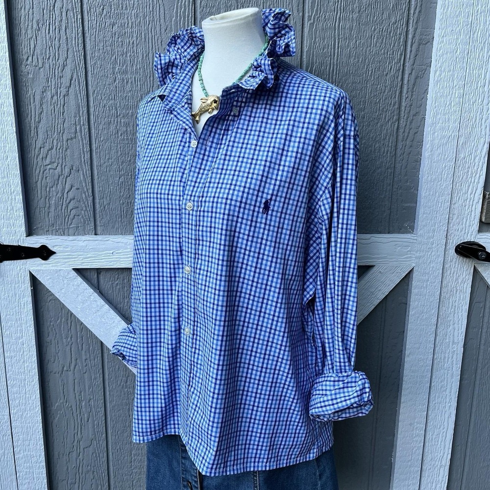 Upcycled Re-worked Ralph Lauren Performance Blue Check Ruffle Collar Shirt XXL - Picture 4 of 9